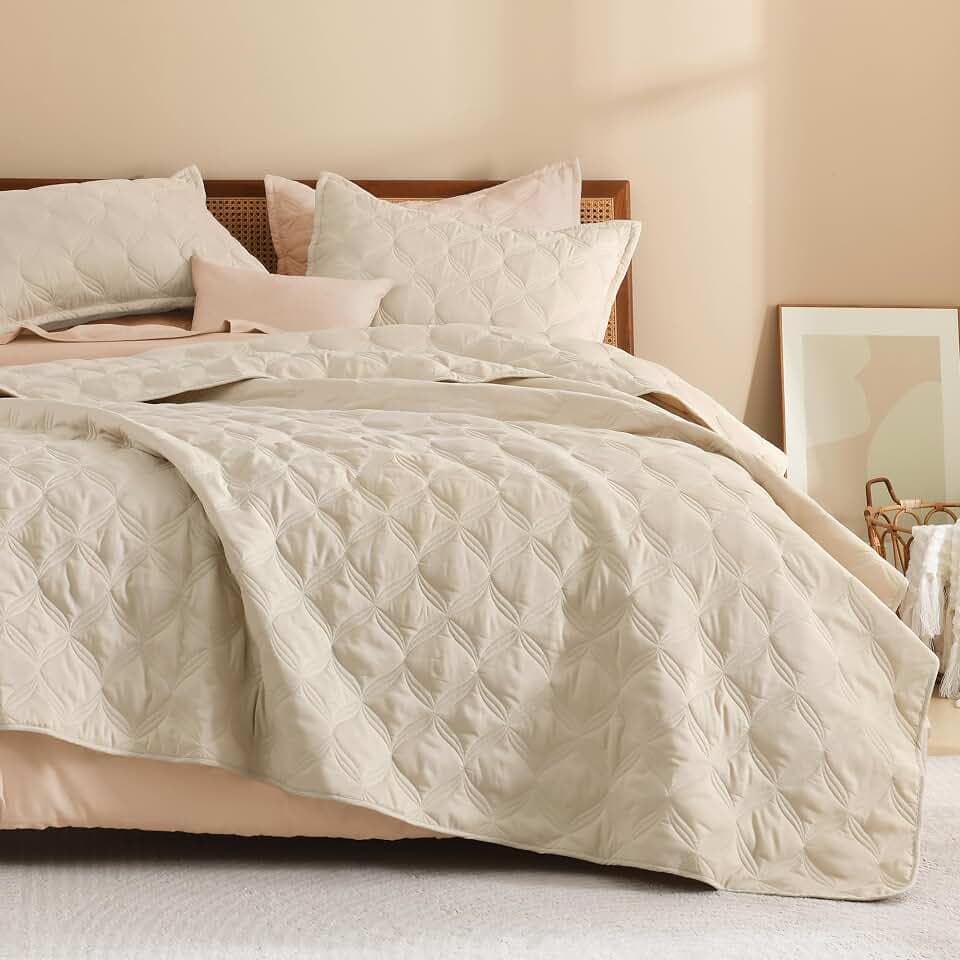 Litanika Queen Quilt Bedding Set, 3 Pieces Oatmeal Bedspreads Set