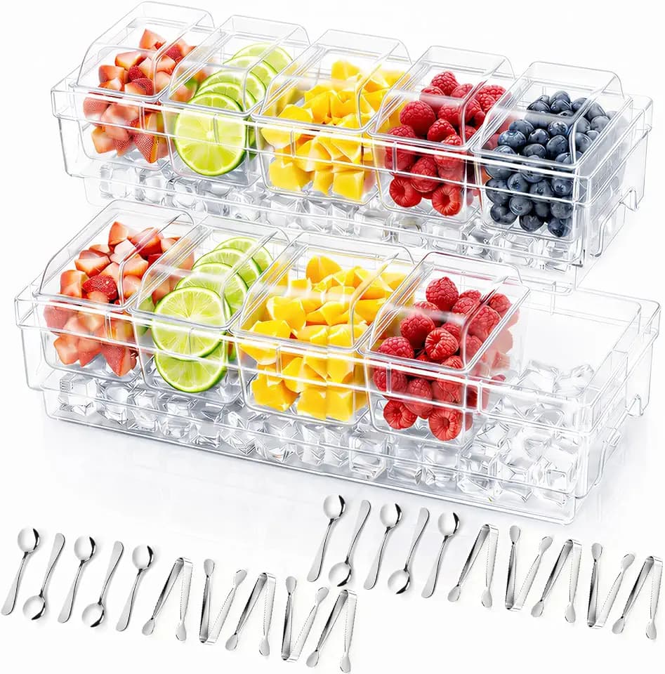 Lifewit Chilled Condiment Caddy with Stainless Steel Spoons & Tongs, 2 Pcs