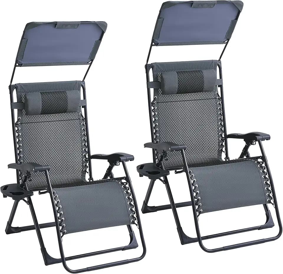 2 Pack Zero Gravity Chairs with Canopy, Adjustable Folding Patio Anti Gravity Recliner Outdoor Lounger with Tray & Headrest for Beach Camping, 400lbs Weight Capacity