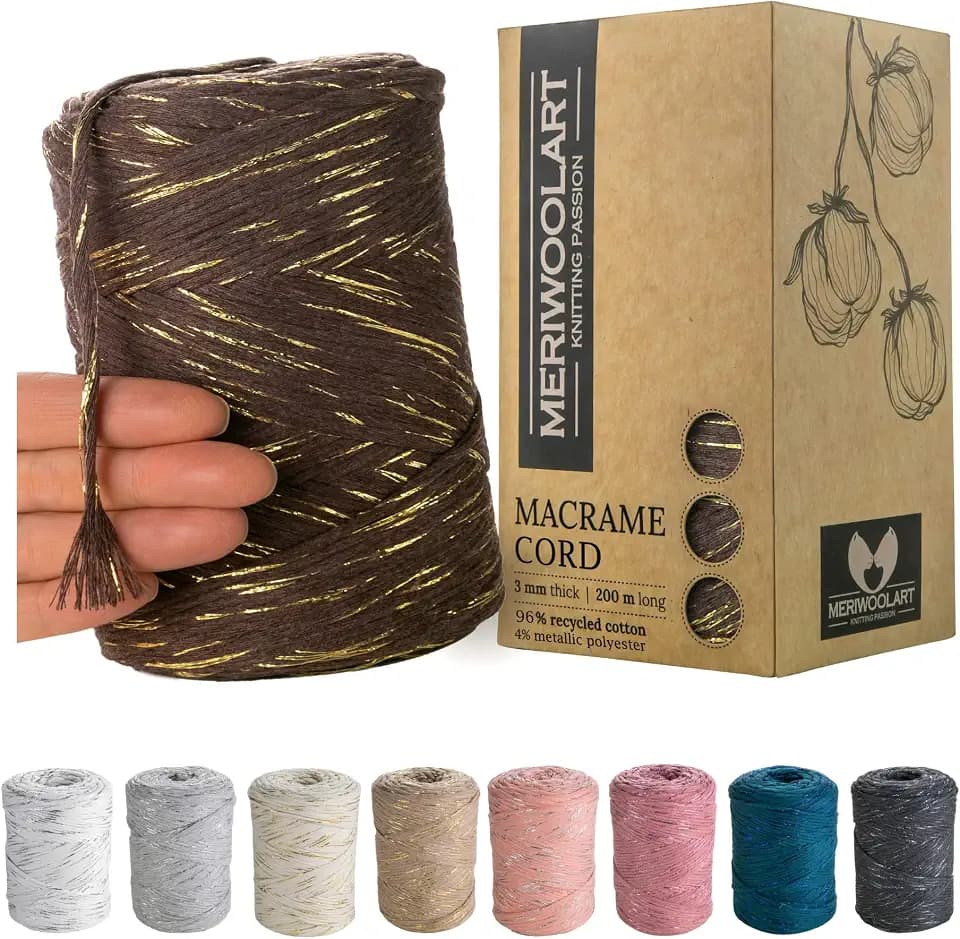 MeriWoolArt® Makramee Garn Braun - Makramee Garn 3mm farbig 200m - Super weiches Garn, einfach gedrehte Makramee Schnur - Öko-Tex 96% recyceltes Baumwollgarn farbig - DIY Boho Deko Makramee