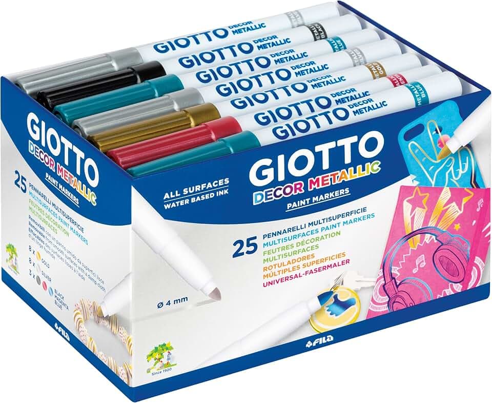 GIOTTO Decor Metallic, Dekormarker Metallic, Schulbox aus Bio-Kunststoff, 5 unterschiedliche Farben, 25 Stück