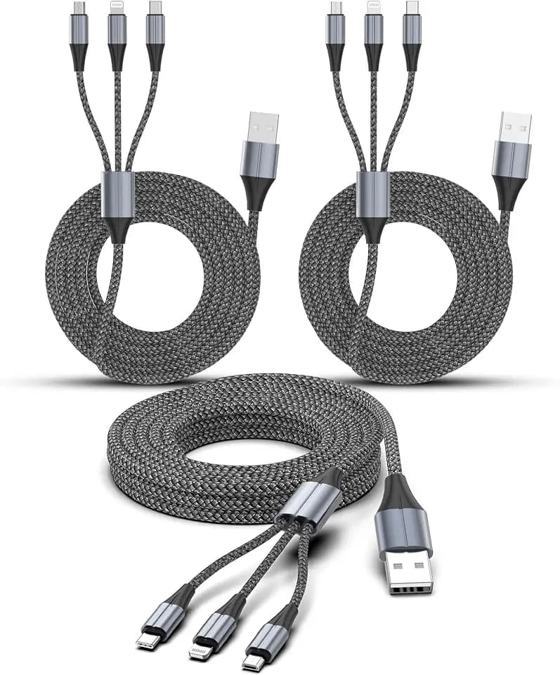FEEL2NICE 3 in 1 Multi Charging Cable, 3-Pack 6 FT Multiple Device Charger Cord with USB C, Lightning and Micro USB Plugs for iPhone 17 16 15 14, Android Phones and Tablets, Gray