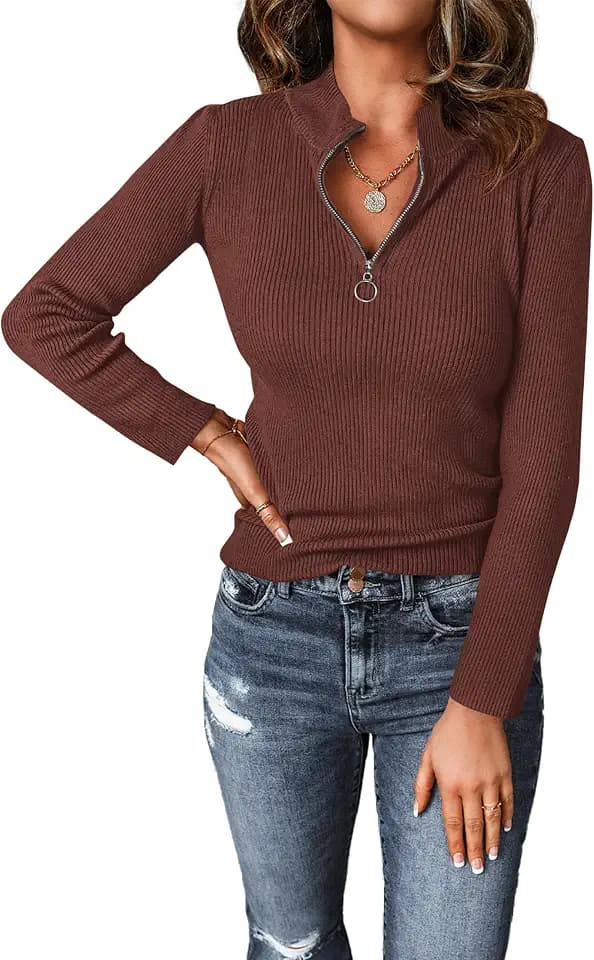 PRETTYGARDEN Womens Quarter Zip Mock Neck Rib Fitted Sweaters