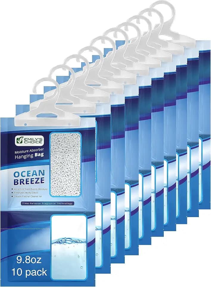 Ocean Breeze Hanging Moisture Absorber 9.8oz (10 Pack) - Eliminates Musty Odors for Fresher,Ideal for Closet, RV, Boat,Large 16oz / 500ml Catch Basin/Comparable to Damp Rid