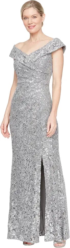 Alex Evenings Women's Off The Shoulder Fit and Flare Dress-lace and Sequined Elegance for Mother of The Bride Or Groom