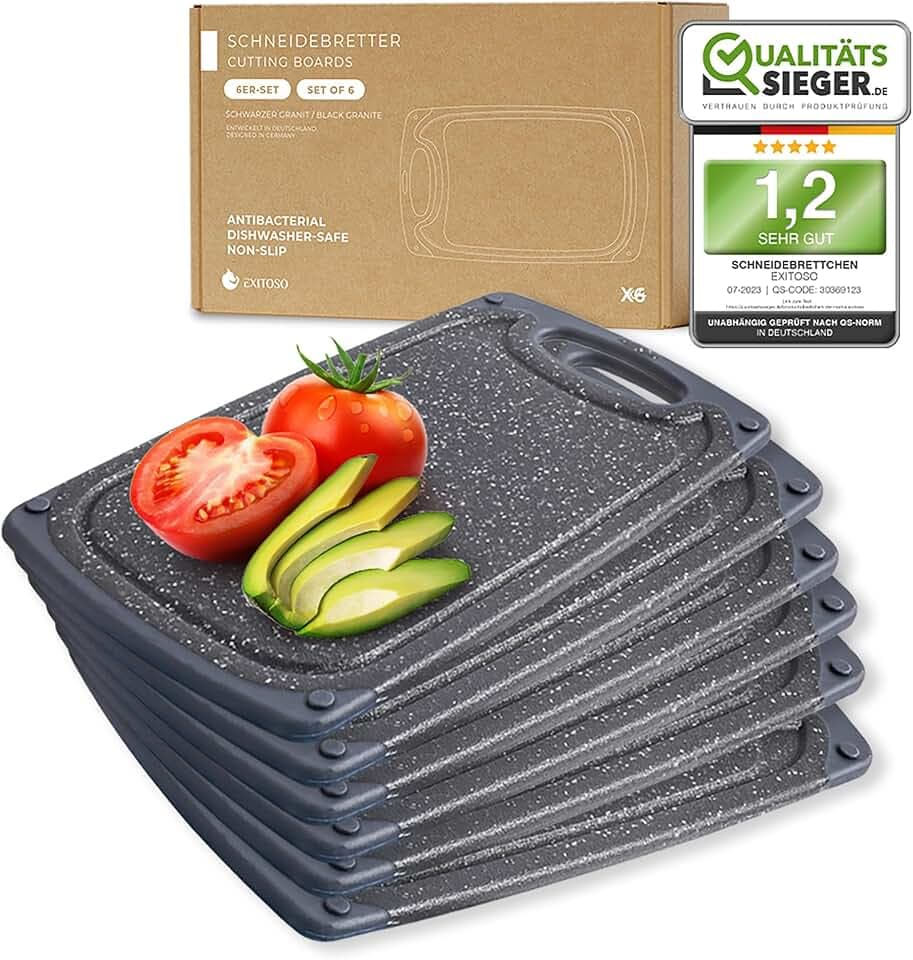 Exitoso Frühstücksbrettchen 6er Set mit Saftrille & Griff aus Kunststoff | Rutschfestes & spülmaschinenfestes Schneidebrett | Antibakterielles Brettchen Set | BPA-Frei & beidseitig verwendbar
