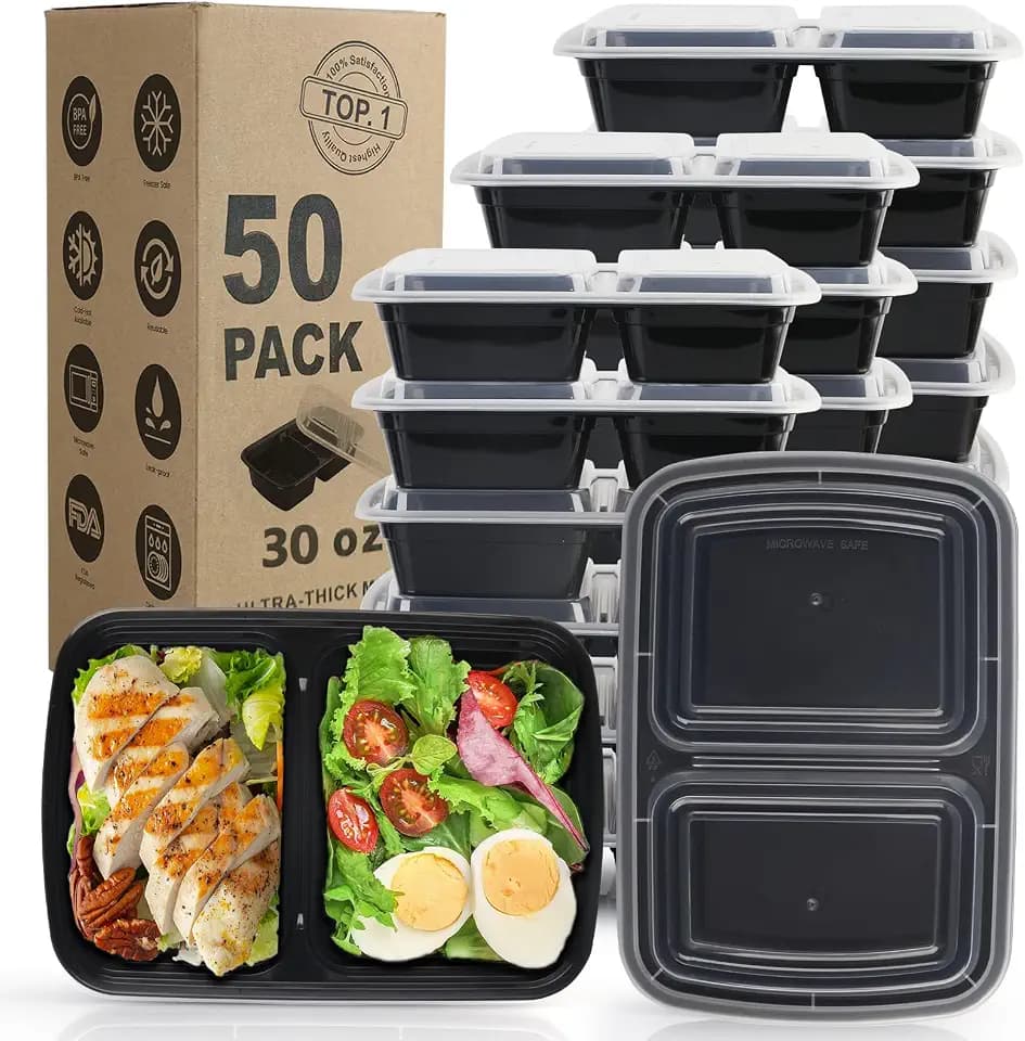 Meal Prep Containers 30 OZ, 50 Pack 2 Compartment Leakproof with Lids