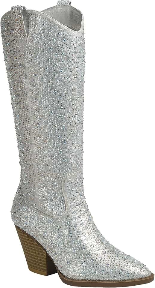 ABSOLEX Women Western Cowgirl Cowboy Pointed Toe Rhinestone Knee High Boots