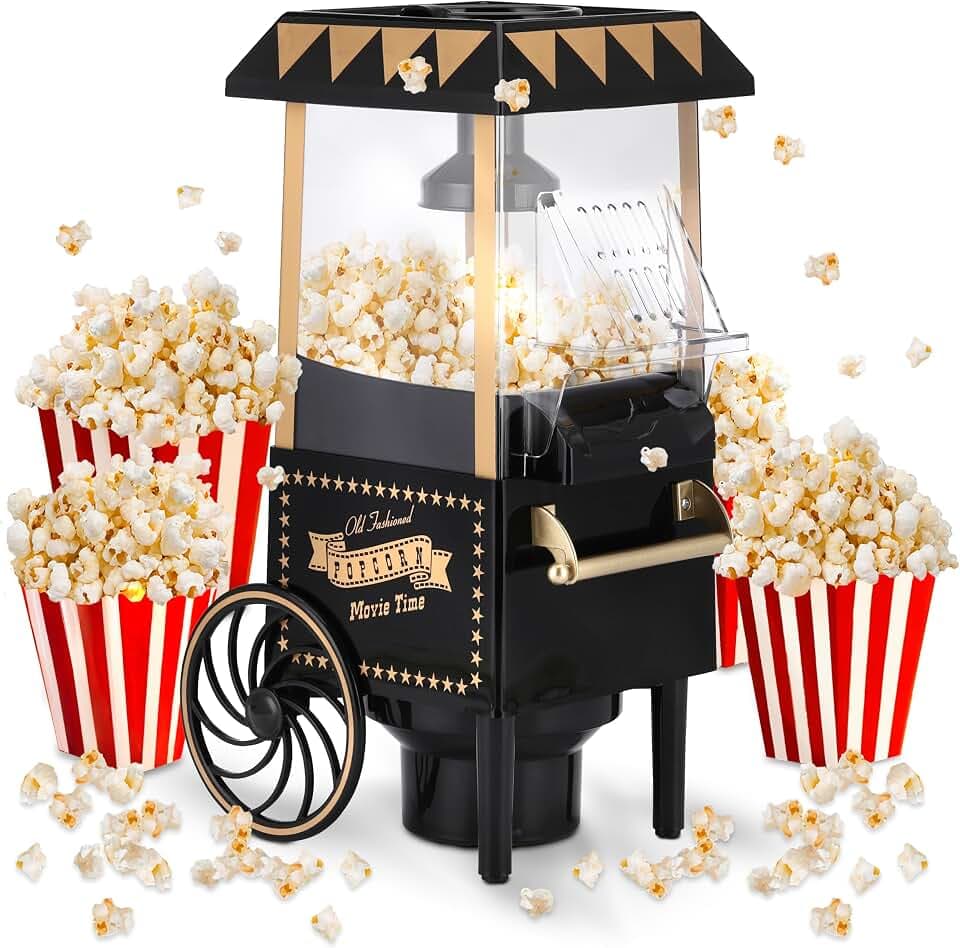 NK Popcornmaschine Retro 1.200W Heißluft – Popcorn Maker Ohne Öl, 0.3L Klein und Kompakt, Schnelle Zubereitung in 2 Min, Für Zuhause, Vintage Design (Schwarz)