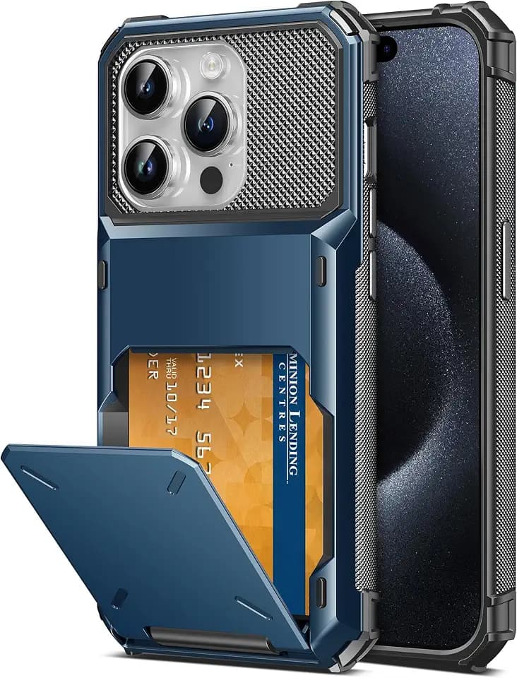 TITACUTE for iPhone 15 Pro Max Case 6.7 Wallet 5 Credit Card Holder Slot Flip Cover Design Back Pocket Scratch Resistant Hard Shell Hybrid Protective Bumper Armor for iPhone 15 Pro Max Navy Blue