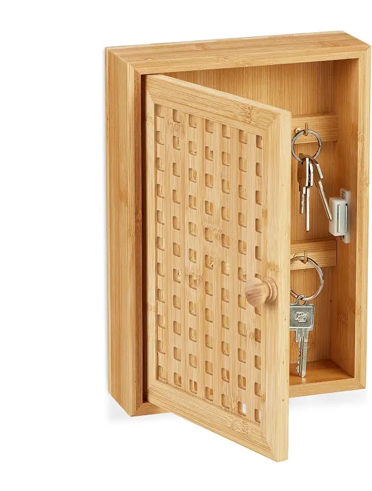 Relaxdays Schlüsselkasten, Bambus, 8 Haken, HxBxT: 27 x 19 x 7,5 cm, Schlüsselaufbewahrung Flur, Schlüsselschrank, Natur
