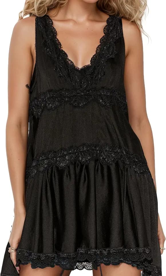 Womens Lace Mini Dress Slip Dress V-Neck Summer Y2k Ruffle Hem Flowy Swing Boho Short Dresses