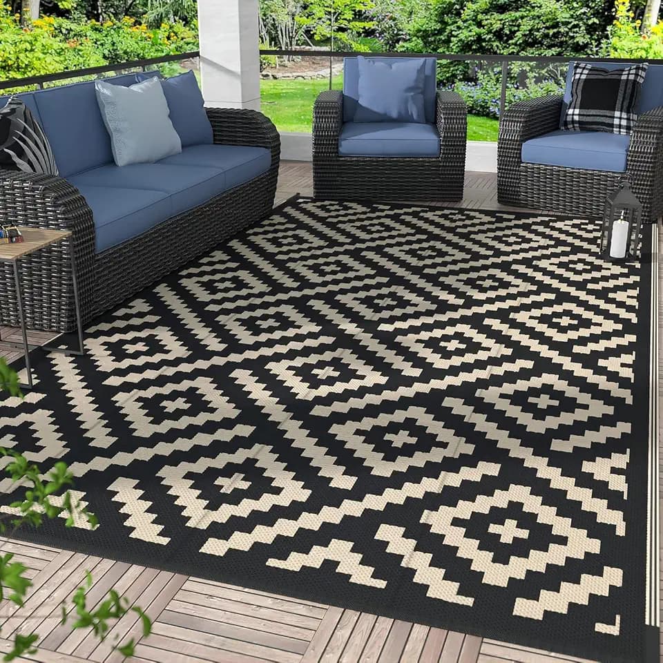 GENIMO Outdoor Rug, Waterproof Plastic Rugs for Patio, 4'x6' Black Beige
