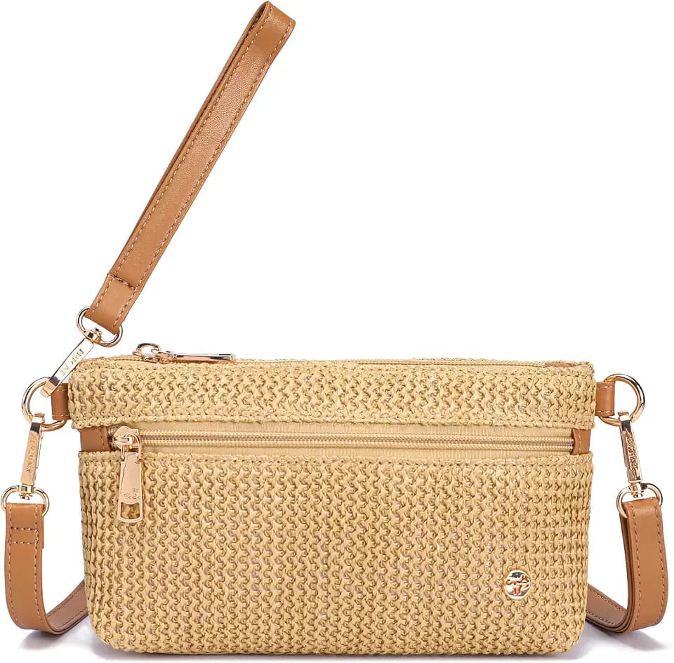NEICOA Faux Straw Crossbody Bags Women, Small Summer Raffia Wristlet Purse