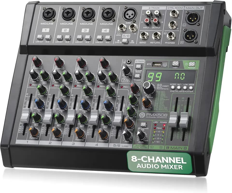 Pyle 8 Channel Audio Mixer - 4 XLR Combo Mic Inputs, Bluetooth Studio Mixer/DJ Controller with DSP Digital Effects, USB-A In with MP3 Player, PC Recording, LED Level Meter, Smooth Dials and Faders