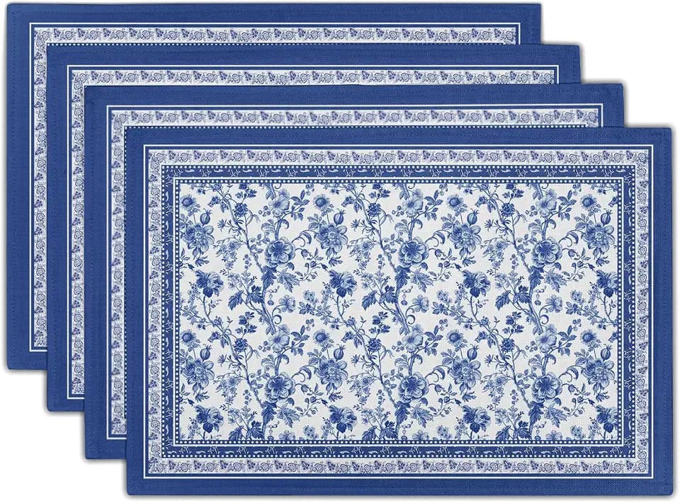 Blue Floral Branches Placemats Set of 4 ，12 x 18 Inch Chinoiserie Table Mats Washable Heat Resistant Linen Fabric Rectangle Place Mat for Indoor Outdoor Kitchen Dining Home Decor