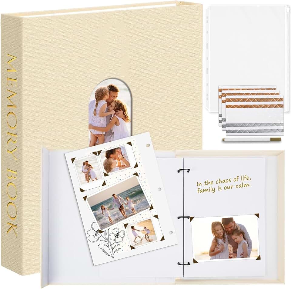 Fotobuch zum Selbstgestalten 21 x 28 cm, Leinen Scrapbook Fotoalbum mit 100 Weißen Seiten, Erinnerungsbuch Gästebuch für Jahrestag Geburtstag Hochzeit, Beige
