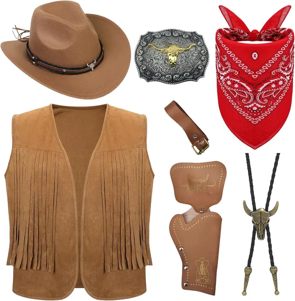 7 Stück Cowboy Fancy Dress Zubehör Set für Herren, Western Cowboy Kostüm mit Hut Quastenweste Paisley Bandana Western Boloschnalle Gürtel Holster für Karneval Fancing Cosplay