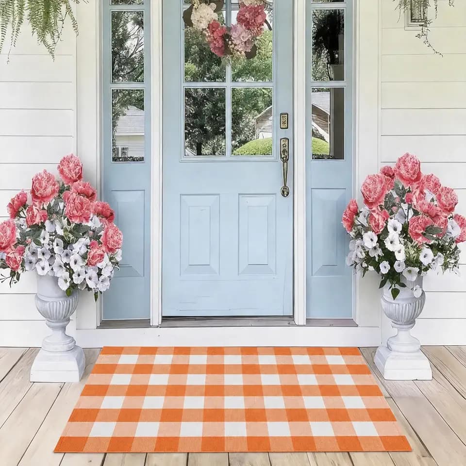 Buffalo Plaid Area Rug, Checkered Rug 27.5x43 Inches, Orange and White Rug, Washable Cotton Mat for Front Porch, Entryway, Kitchen, Living Room, Fall Decor