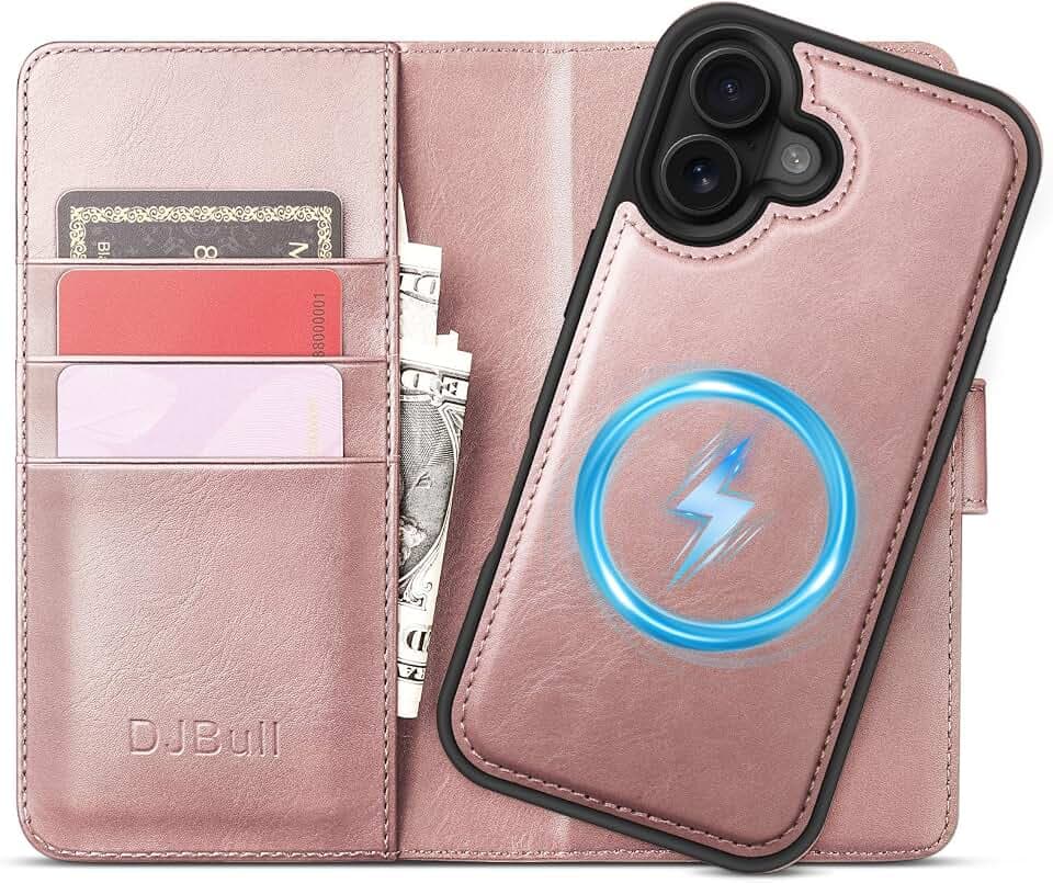 DJBull 2-in-1 Detachable Wallet Case for iPhone 16 6.1" RFID Blocking Flip Folio with Card Holder | PU Leather Shockproof Protective Cover Women Men for Apple 16 Phone Case Pink