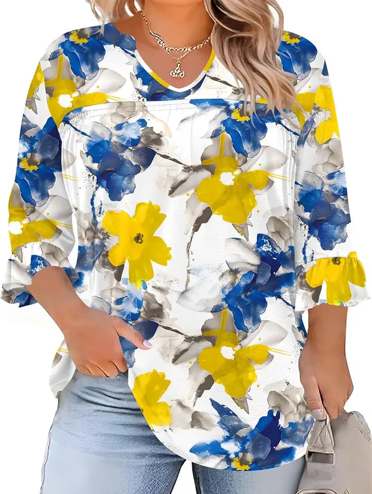 TFSDOD Plus Size Tops for Women V Neck 3/4 Sleeve Pleated Blouses Dressy Casual Fashion Tunic Top (1X-5X)