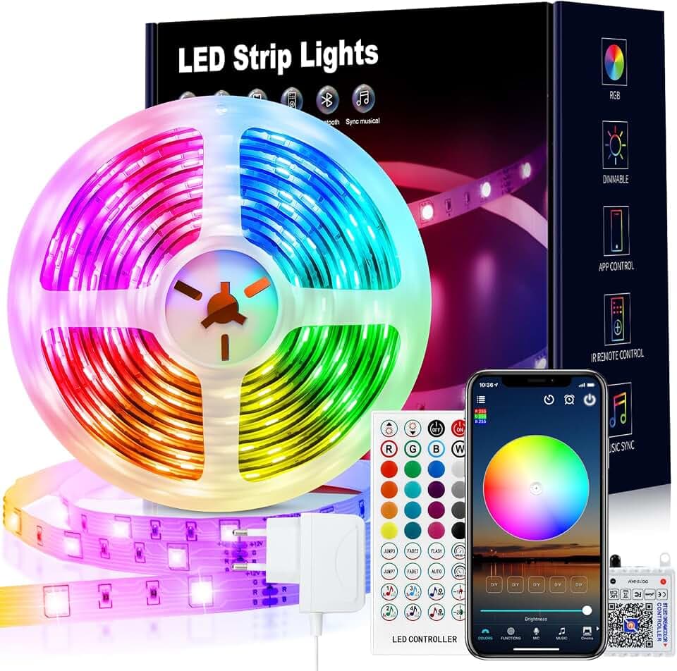 VKH LED Strip 10m, LED Streifen Bluetooth RGB LED Band 10m Selbstklebend mit Fernbedienung und APP, LED Lichterkette LED Beleuchtung für Zimmer Party