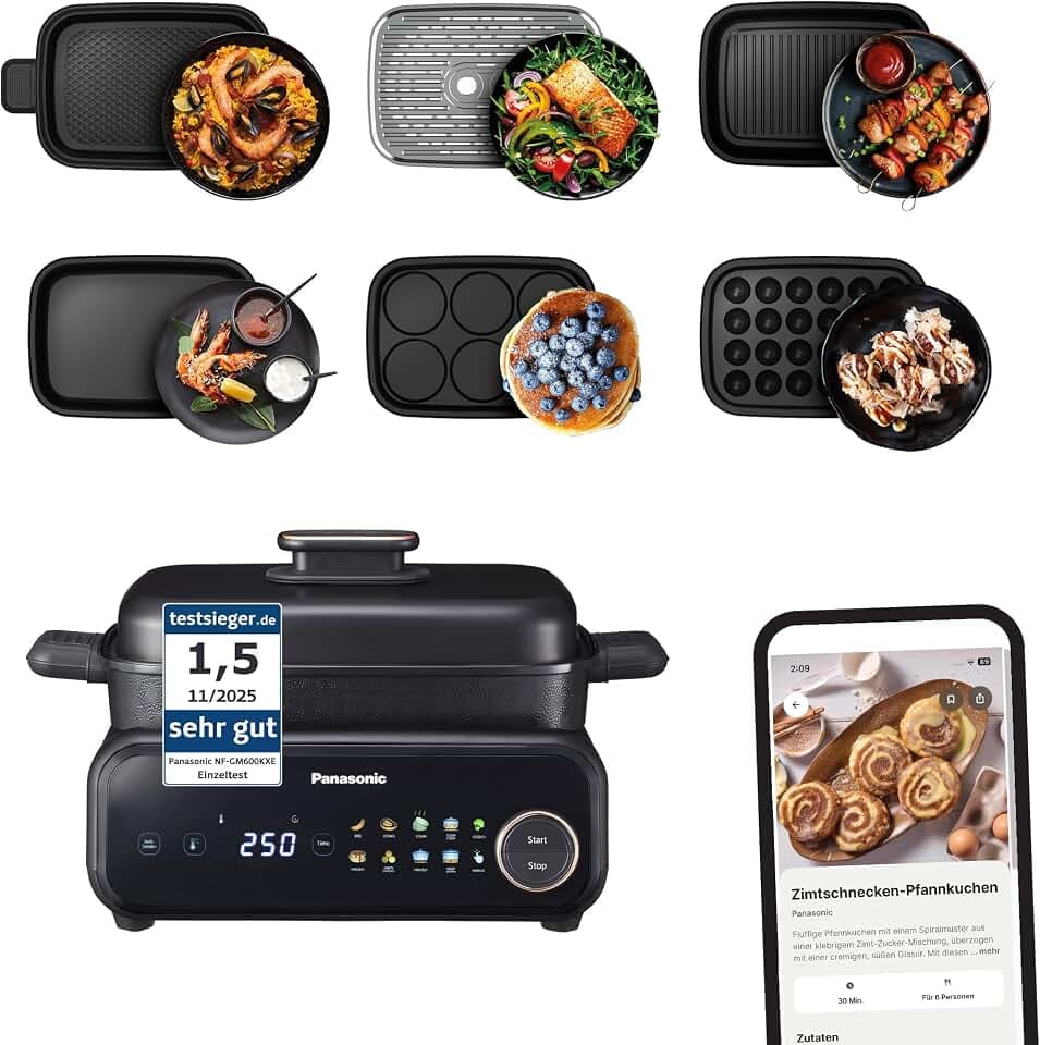 Panasonic NF-GM600 6-in-1 Elektro-Multikocher, Elektro Tischgrill, Testsieger 1.5, Plancha, Braten, Slow Cook, BBQ, Dämpfen, Sautieren, 1400W, 40–250 C, 9 Auto-Modi, 6 Antihaftplatten, Rauchabsaugung