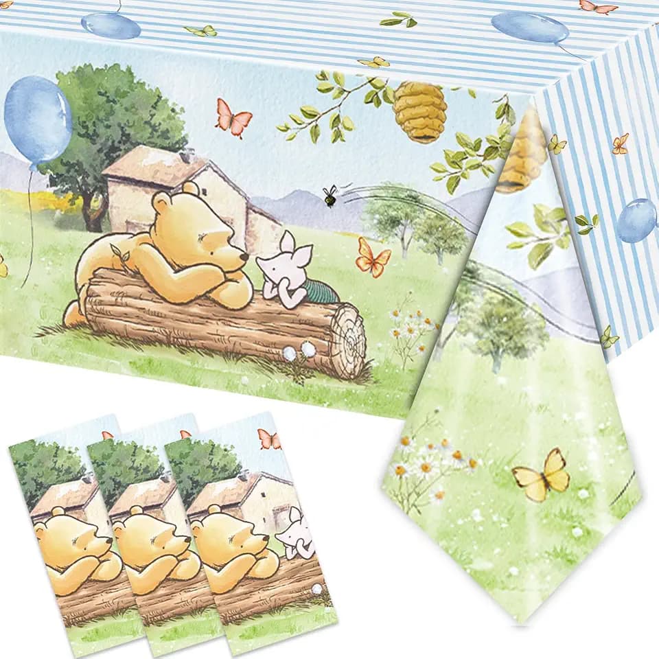 3PCS Blue Bear Baby Shower Tablecloths, Bear Baby Shower Bear Tablecloths Party Supplies for Guests