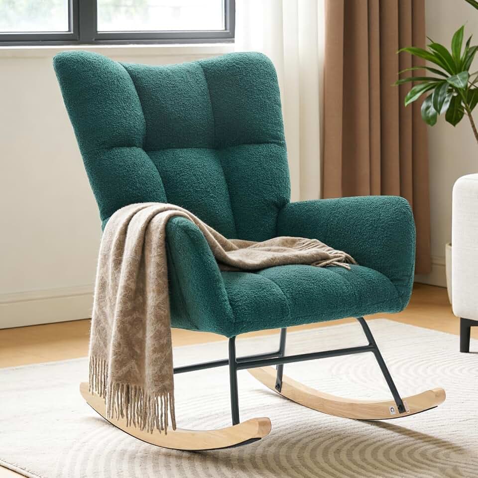 DUMOS Nursery Rocking Chair Teddy Upholstered, Comfy Glider Rocker with High Backrest Armchair Padded Seat, Accent Side Chair for Living Room Bedroom Offices Small Spaces Indoor, Green