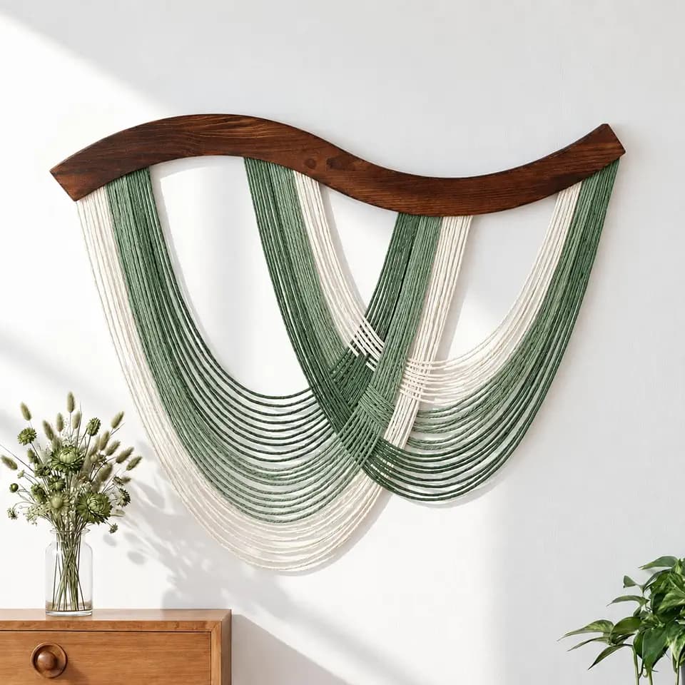 Green Macrame Wall Hanging Dip Dyed Yarn Wall Art, Modern Boho Decor