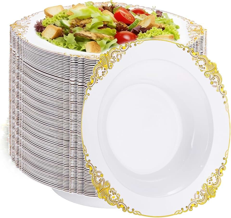 100PCS Gold Plastic Bowls - 12 oz White Disposable Salad Bowls - Heavy Duty Soup Serving Bowl - Fancy Plastic Ice Cream Bowl for Parties, Dinners, Catering, Picnics