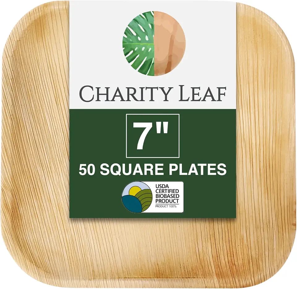 Charity Leaf Disposable Bamboo 7" Square Plates (50 pieces) Bamboo Serving Platters, Disposable Boards, Eco-Friendly Dinnerware For Weddings, Catering, Events