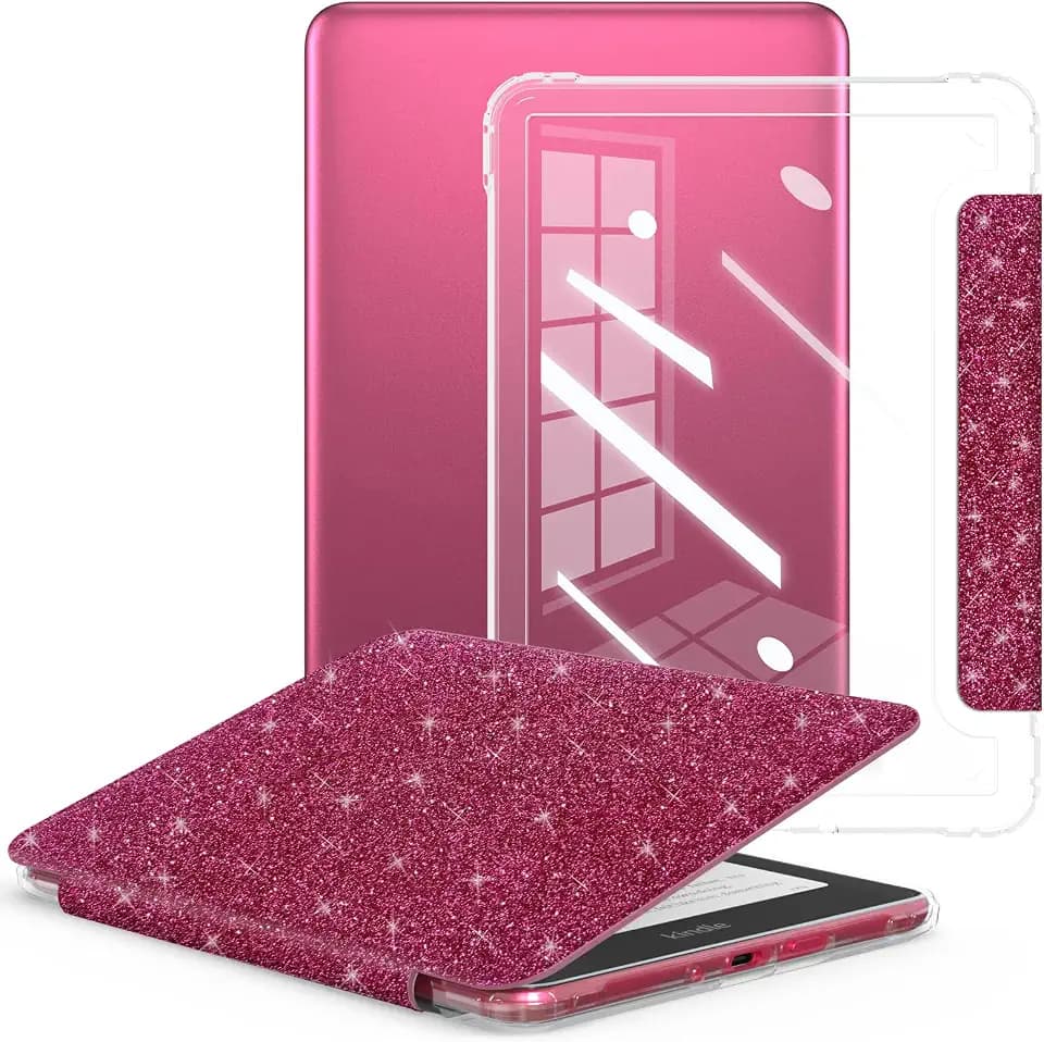 E NET-CASE Case for All-new 2024 Released & Kindle Colorsoft (2025) 7 inch Ebook Electronic Reader,Clear Back Shell Durable PU Leather Cover with Auto Sleep Wake, Glitter Hot Pink