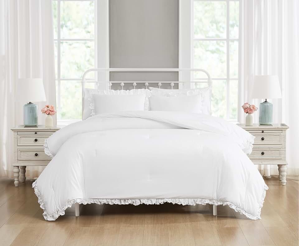 The Farmhouse by Rachel Ashwel Ruffled Washed Cotton Comforter Set White Cotton 3-Piece Full/Queen, Modern Farmhouse Themed, for Men and Women, Oeko-TEX Certified Confidence