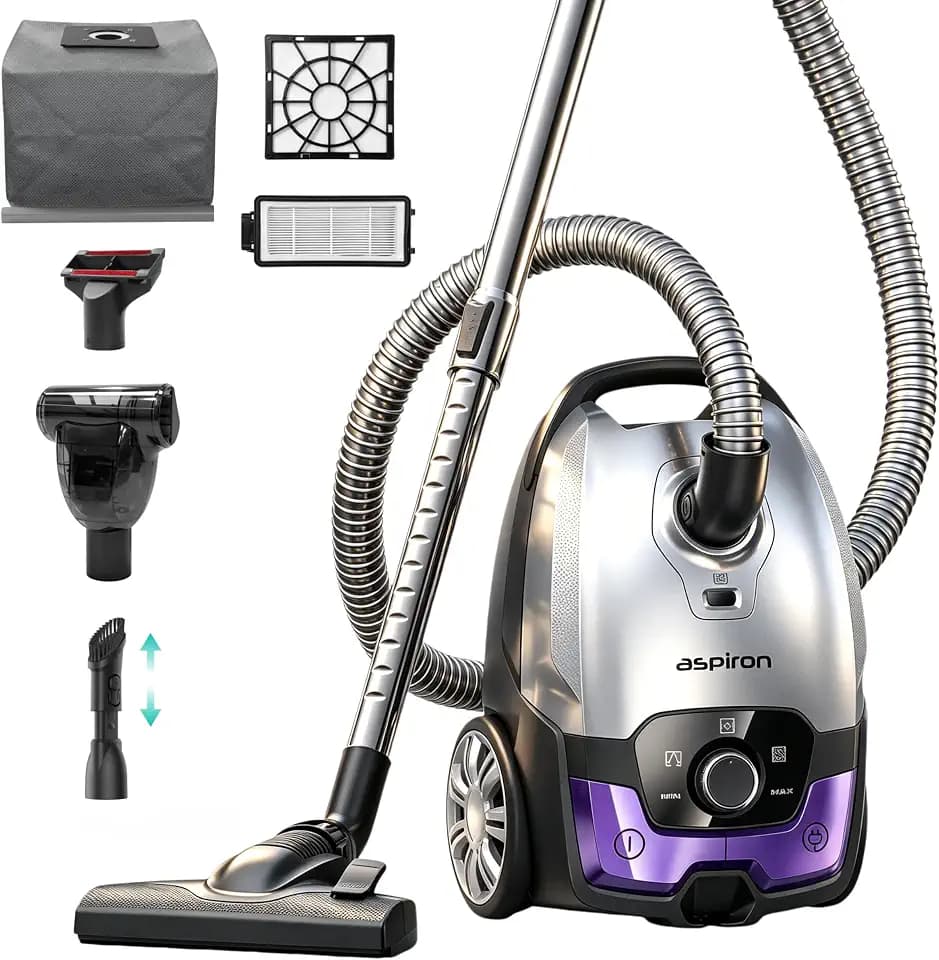 Aspiron Canister Vacuum,1700W/45KPA Bagged Vacuum Cleaner,Easy to Push