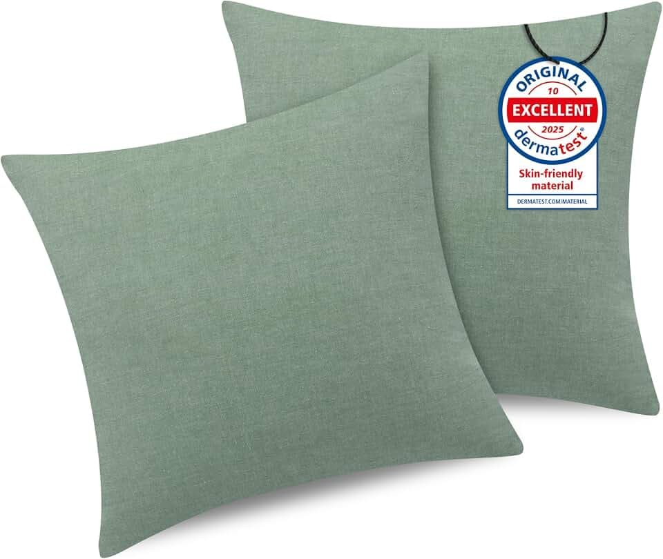 ATsense 2er Set Kissenbezug 45x45 cm - 100% Gewaschene Baumwolle, Einfarbig Grün Kopfkissenbezug mit Reißverschluss, Oeko-TEX Zertifiziert Weich, Nicht Lleicht Verformbar