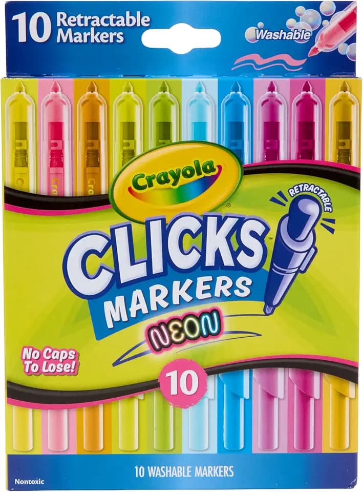 Crayola Clicks Retractable Tip Neon Washable Markers 10ct, School Supplies