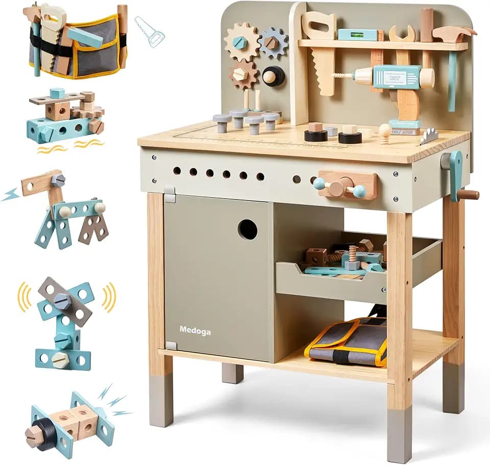 Kinder Werkzeug Bank, Holz Spiel Werkzeuge Set mit Kinder Werkzeug Gürtel Kleinkinder Werkbank Pretend BAU Werkzeuge Set Holz Spielzeug Bohrer Geschenk für Jungen, Mädchen Alter 3-9