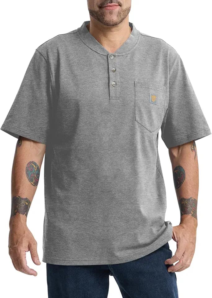 Loose Fit Thick Work T-Shirts for Men Pocket Henley Workwear Shirts