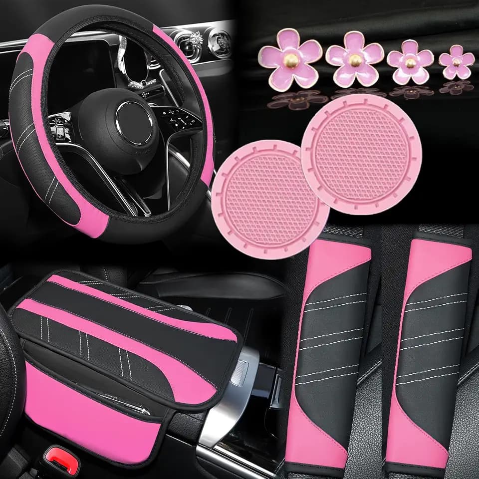 10PCS Car Interior Accessories Sets,Steering Wheel Cover, Seat Belt Cover Pads, Center Console Cover,Cup Holder Coasters,Air Vent Decorative Clip(Pink)