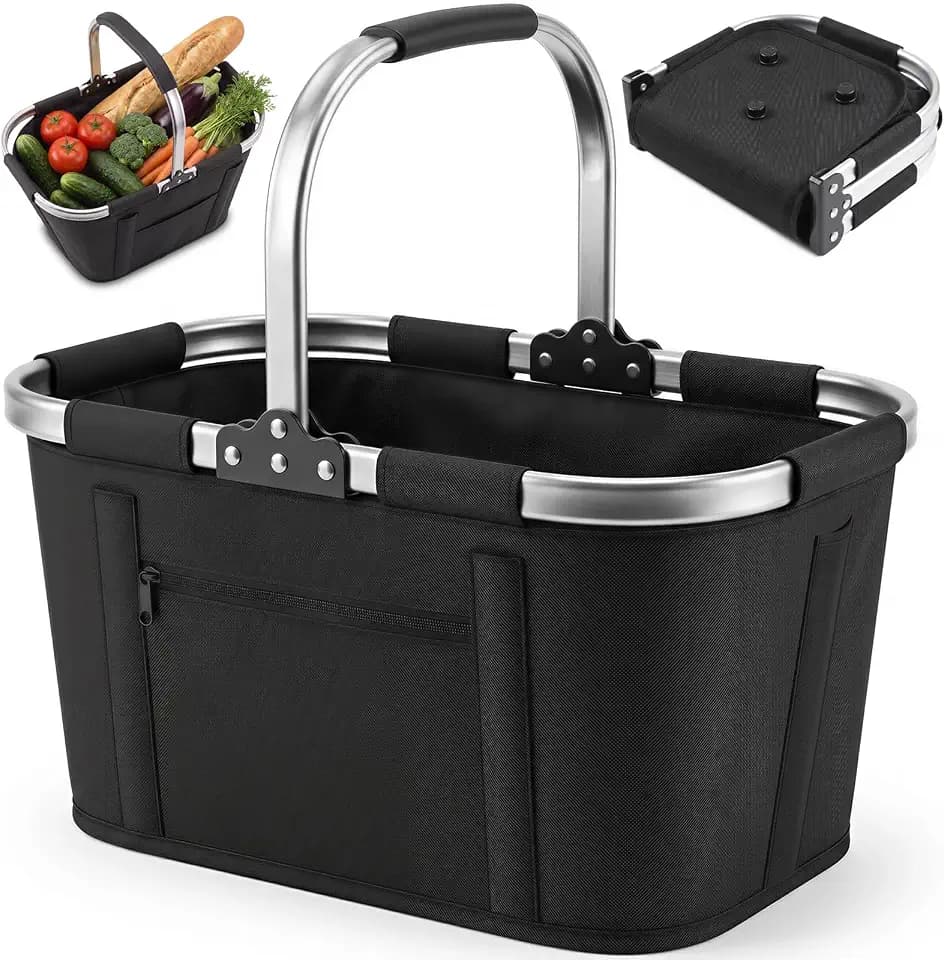 Einkaufskorb Faltbar 35L, Tragekorb aus 600D Oxford, 6 Stützstangen