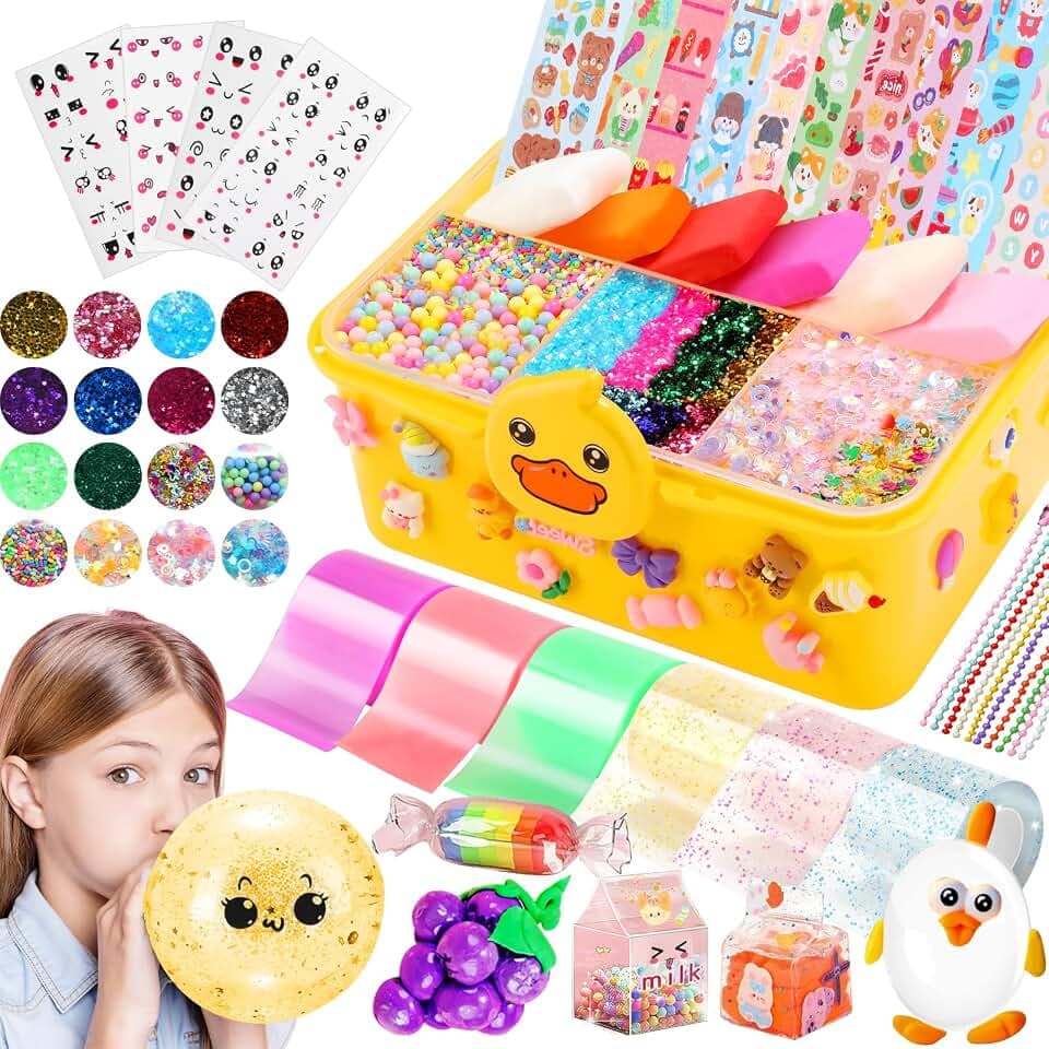Duck Theme Nano Tape Bubble Kit for Kids, 19.7Ft NanoTape with Box, Nano Tape Squishy Maker kit with Glitter, Clay, Beads, Stickers and Tutorials, Gifts for Boys Girls Aged Over 4 Years Old