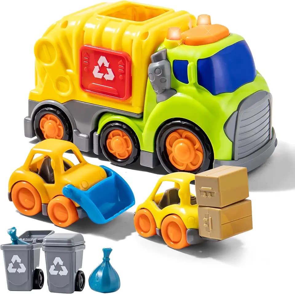 P&C 7.5" Garbage Truck Trash Toy Set with Sound Lights for 2-4 Boys Girls