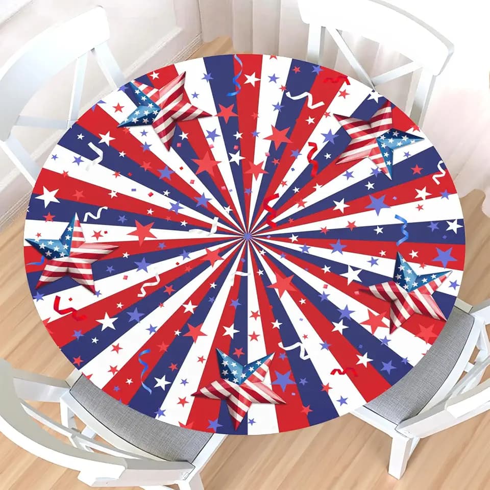 4th of July Round Fitted Tablecloth with Elastic Edge,Waterproof Patriotic Independence Day Memorial Day Red White Blue Star Table Cover for 40-44" Stretch Table Cloth for Dinner Indoor Outdoor Party