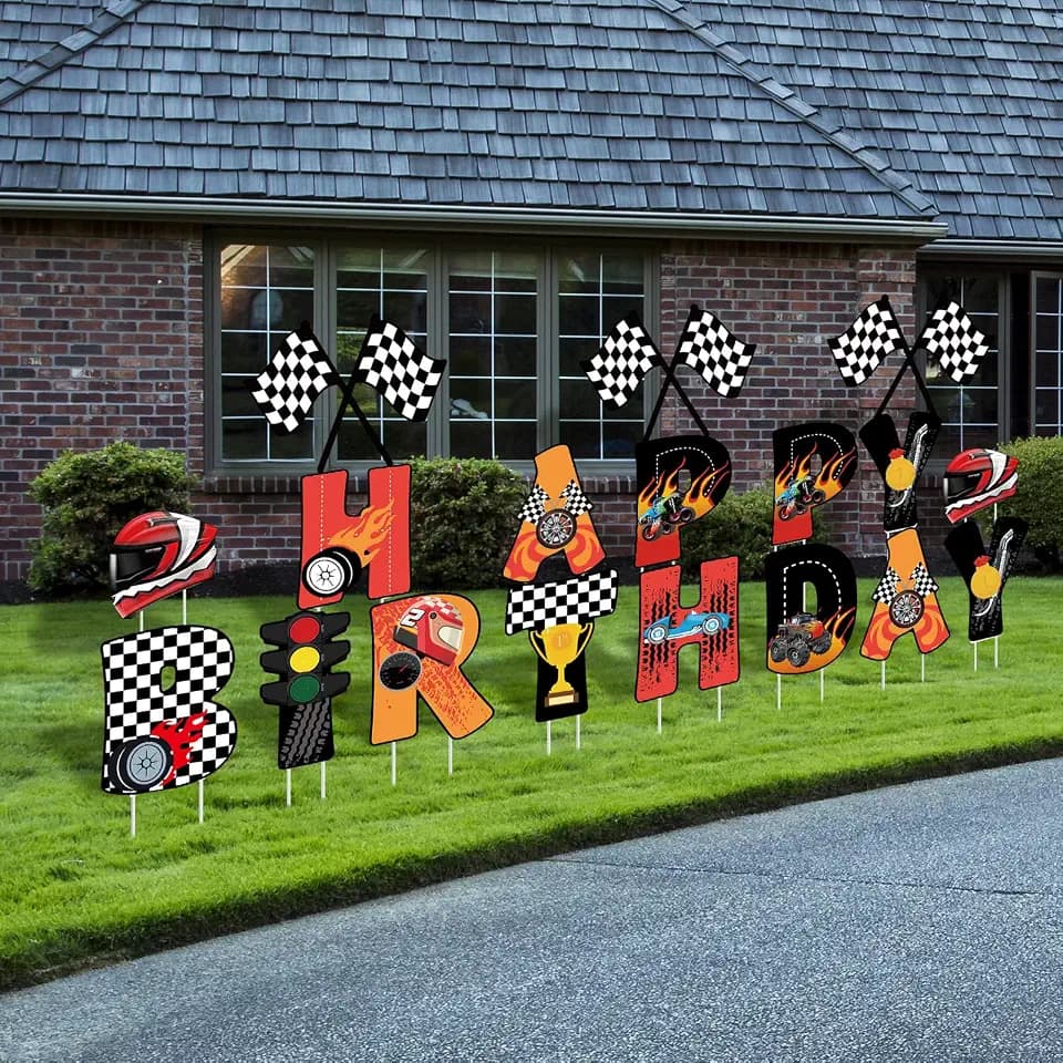 18 Happy Birthday Yard Signs with Stakes, 16", Race Car