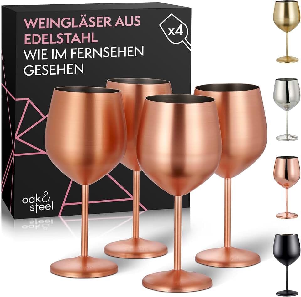 Oak & Steel - 4 Edelstahl Weingläser (540ml) - Matt Roségold/Kupfer - Robust & Unzerbrechlich - Geschenkset für Geburtstage, Hochzeiten & Weihnachten