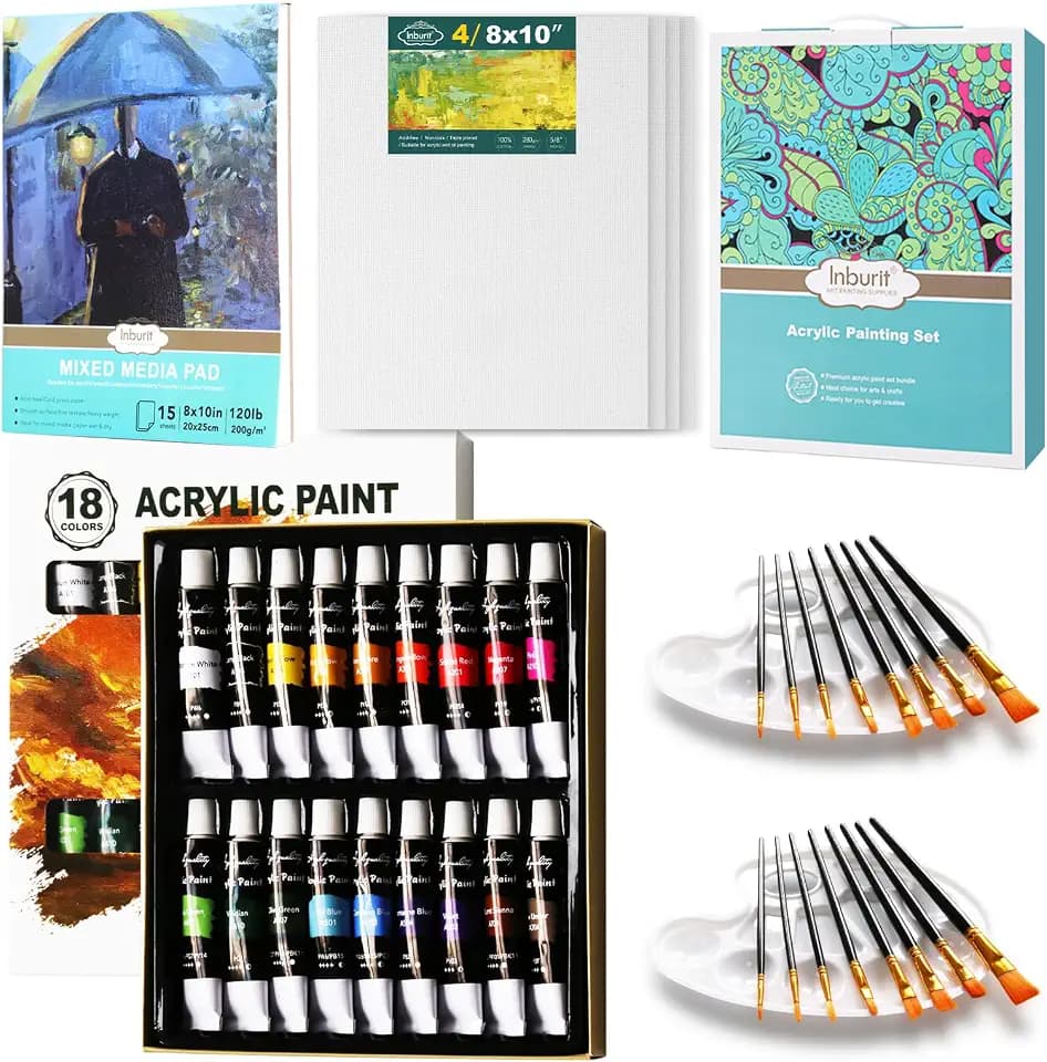Inburit Acrylfarben Set, Mal Set für Erwachsene Kinder, 41-teilige Paint Set mit 18 Tuben Acrylfarben, Leinwand, Pinsel, Palette