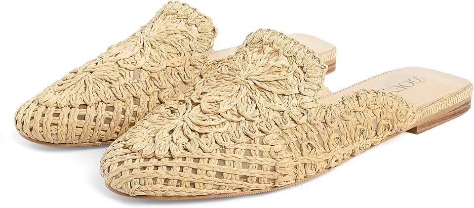DOEYG Raffia Mules for Women Woven Square Toe Mary Jane Ballet Flats Heel Mules Dressy Comfortable Casual Mule Shoes