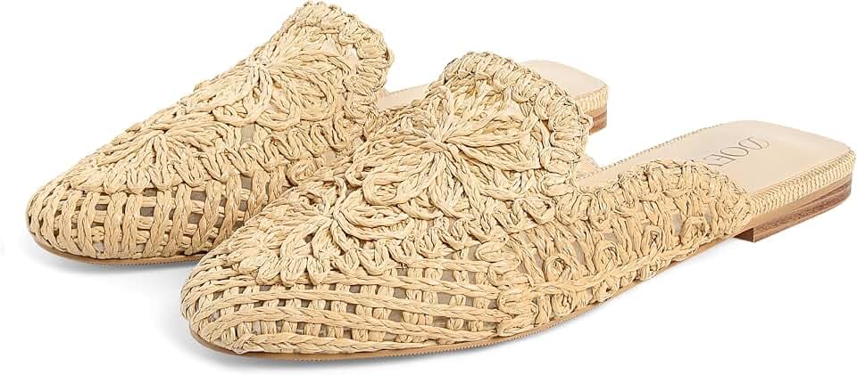 DOEYG Raffia Mules for Women Woven Square Toe Mary Jane Ballet Flats Heel Mules Dressy Comfortable Casual Mule Shoes