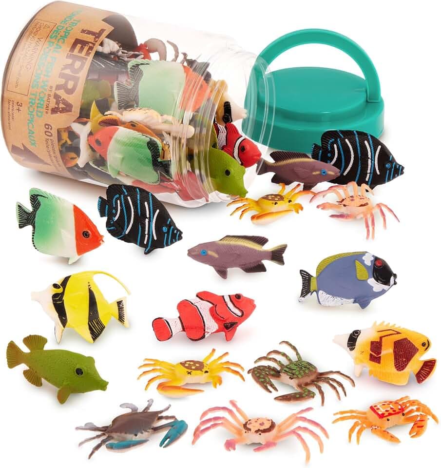 TERRA by Battat – Tropische Fische und Krebse als Spielzeug – 60 Minifiguren in 12 realistischen Designs – Tropische Meerestiere in der Aufbewahrungsröhre – 3 Jahre +